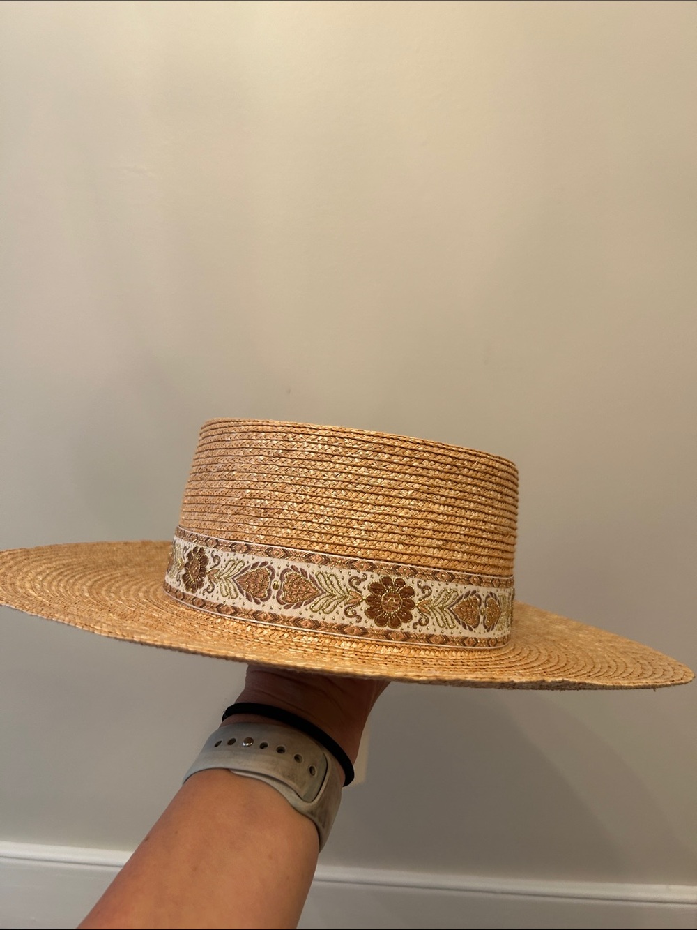 Lack Of Color Natural Straw Boater Hat with Embroidered Floral Band